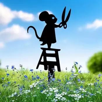 1шт металлический садовый колышек силуэт - мышь с ножницами дизайн. Декоративный знак на газоне. Креативный скульптурный орнамент. чёрный