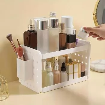 1шт многослойная стойка для хранения с крючками и цилиндром для хранения, подходит для хранения на столе, хранения в ванной, хранения косметики 2 Layers белый