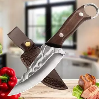 1шт острый нож для фруктов, ручной ковки, нож для обвалки мяса, тесак для нарезки рыбы, нож повара из нержавеющей стали, деревянная ручка, кухонный нож мясника WITH COVER
