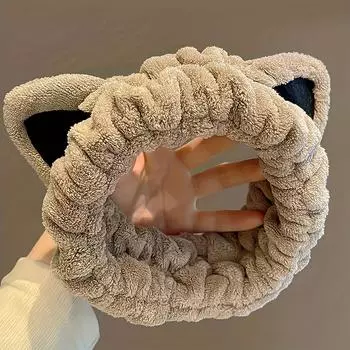 1шт повязка на голову для мытья лица повязка на голову с кошачьими ушками коралловый флис мультфильм милые креативные аксессуары для волос кофейный