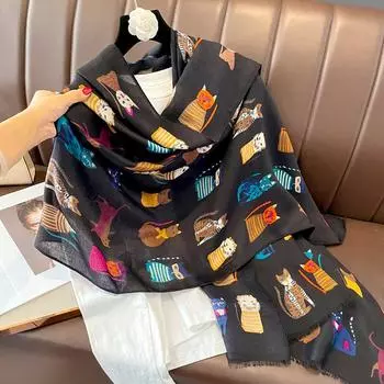 1шт. принтованная бандана-кашне 180x90см, защита от солнца, узор кошки, мягкая хлопковая шаль с кисточками, повязка на голову, шарф с изображением животных