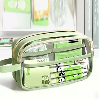 1шт прозрачный многослойный пенал легкий на молнии ручка канцелярская сумка дорожные косметички One Size зелёный