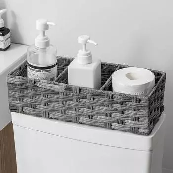 1шт Раздельное хранение Пластиковая плетеная корзина для хранения, для организации, Декор ванной комнаты в деревенском доме, Хранение на столешнице, Хранение на кухне серый
