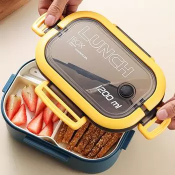 1шт разделенный ланч-бокс многослойный с ложкой-вилкой и ложкой с ручками-застежками запечатанный Morandi студенческий дорожный бенто на работу 2 синий