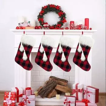 1шт Рождественский чулок Красный Черный Клетчатый Безликий Гном Кисточкой Белый Плюшевый Топ Многоразовый Рождественская Елка Подвесной Носок Подарочный Мешок Подвеска Праздничное Украшение красный