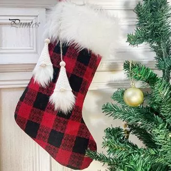 1шт Рождественский чулок Красный Черный Клетчатый Безликий Гном Кисточкой Белый Плюшевый Топ Многоразовый Рождественская Елка Подвесной Носок Подарочный Мешок Подвеска Праздничное Украшение красный