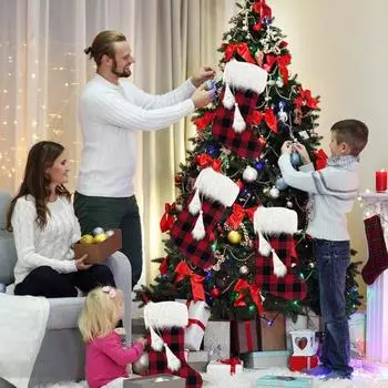 1шт Рождественский чулок Красный Черный Клетчатый Безликий Гном Кисточкой Белый Плюшевый Топ Многоразовый Рождественская Елка Подвесной Носок Подарочный Мешок Подвеска Праздничное Украшение красный