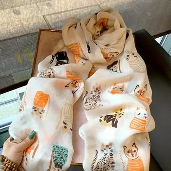 1шт шарф с изображением животных мягкий хлопок 180x90см солнцезащитные повязки на голову модная бандана с рисунком кошки кисточка шаль с принтом глушитель бежевый