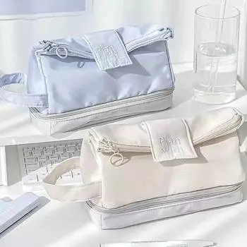 1шт складной двухслойный мешок для ручек креативный простой большой емкости канцелярский ящик для принадлежностей для школьников пенал школьные принадлежности бежевый