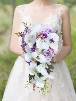 1шт Свадебные букеты Искусственные цветы Свадебные букеты для невесты Свадебный букет каскадный для невесты для свадебной церемонии и годовщины фиолетовый