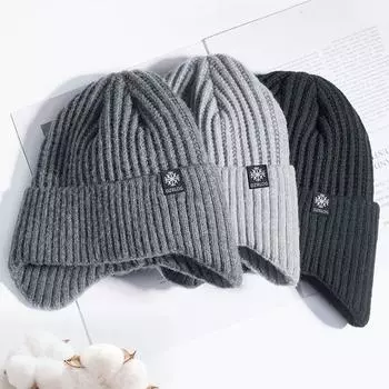 1шт теплая шапка-ушанка из акрилового волокна, вязаная шапка-бини, флисовая подкладка, лыжная шапка, толстая зимняя тёмно-синий