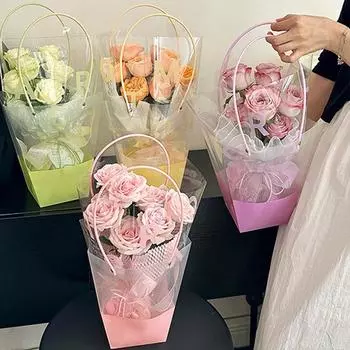 1шт трапециевидная цветочная сумка для цветочного магазина, подарочная сумка для переноски, пластиковая подарочная сумка белый