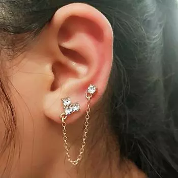 1шт золотые тона блестящие стразы сердце двойные серьги-гвоздики на цепочке