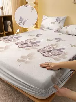 1Simple Modern Plant Flower Leaf Butterfly Printed Matte Fitted Sheet, Bedroom Printed Bed Cover, Bedding(Excluding Pillowcases) 71x132cm