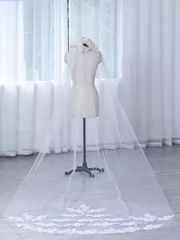 1T Мягкая фата невесты из тюля с гребнем, кружевная свадебная фата невесты, длинная соборная фата с цветочным узором белый