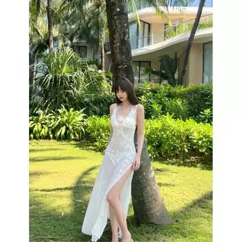 1TL Модный Сексуальный Стиль Прозрачное Платье с Цветами Летнее V-образный вырез Кружевная Отделка Открытый Живот Наряд Вырезное Кружевное Платье White S