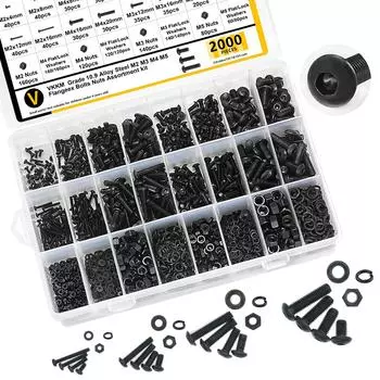 2000 черных винтов с круглой головкой и шестигранным углублением под ключ, комплект гаек и шайб
