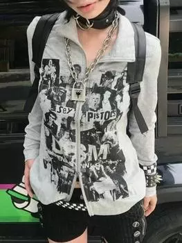 2000-е эстетика гранж Y2k Harajuku толстовки женские американский ретро панк уличная одежда хип-хоп граффити принт молния толстовка осень зима S серый