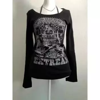 2000-е годы Американская винтажная готика Черные женские футболки Панк-стиль Графические гранж-футболки Harajuku Y2k Длинные рукава Уличная одежда S