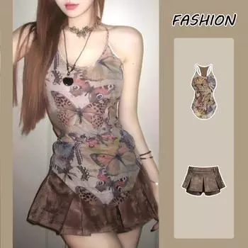 2000-е годы, винтажная одежда Y2k, комплекты из 2 юбок, женская мода, тонкий укороченный топ нерегулярной формы + мини-юбки, жилет без рукавов в стиле Харадзюку в стиле ретро S разноцветный