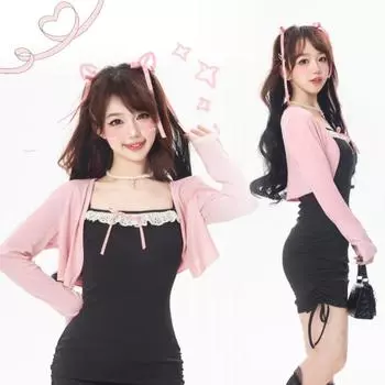2000-е годы Y2k комплект платья женское сексуальное кружевное мини-платье без рукавов корейская мода вечерняя вечеринка Kawaii японский кардиган 2024 летний шик S чёрный/розовый
