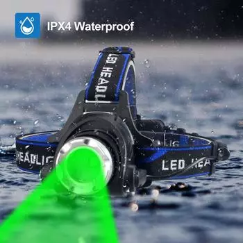 2000LM Zoomable Headlamp Green/Red/UV 395nm Light Outdoor UV Headlight Waterproof USB Head Lamp 3 Modes Torch Hunting Lantern