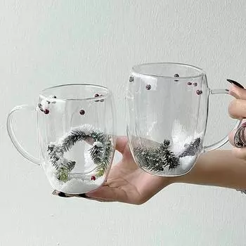 200/350 мл Двойная стенка Прозрачная стеклянная чашка Рождественская тема Снежная сцена Стеклянная кофейная чашка Термостойкая чашка для молока и воды Рождественский подарок 200-350ml
