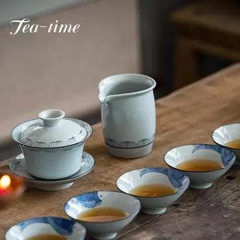 200 мл антикварный керамический кувшин для чая с ручной росписью в стиле лотоса в стиле ретро, сине-белая чашка с ярмаркой, разделительный чай, чахай, кунг-фу, чайные аксессуары 7x9cm 200ml
