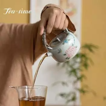 200 мл чистый ручная роспись вышитый шар керамический чайник ручной работы из ротанговой ткани с подъемной балкой горшок китайский чай заваривания чайник чайный набор 9..5X10.5CM 200ML