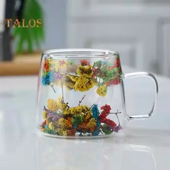 200 мл Двойные стеклянные чашки с настоящими сухоцветами Термостойкие прозрачные кофейные кружки Цветочный дизайн Чайные чашки для элегантного потягивания разноцветный