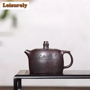 200 мл изысканный чайник из фиолетовой глины Исин, ручной работы, горшок с пейзажем, чайник из необработанной руды, фиолетовый глиняный чайник, китайский чайный сервиз Цзыша, принадлежности