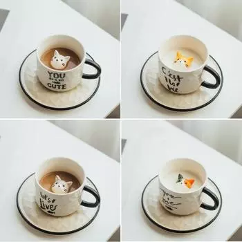 200 мл керамическая кофейная кружка с котенком и блюдцем, симпатичная объемная чашка с изображением животного, коровьего молока, кружка для девочки, кошки, праздничный подарок 200ML