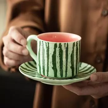 200 мл креативная чашка для кофе в виде арбуза, домашняя кружка для послеобеденного чая с тарелкой, чайная чаша с блюдцем, набор для завтрака с овсянкой, кружка для напитков