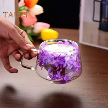 200 мл прозрачная стеклянная кружка с двойными стенками, изолированная чашка с ручкой, эстетичный обезвоженный цветочный дизайн, термосохраняющий стакан для кофе, чая 200ML розовый
