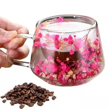 200 мл прозрачная стеклянная кружка с двойными стенками, изолированная чашка с ручкой, эстетичный обезвоженный цветочный дизайн, термосохраняющий стакан для кофе, чая 200ML розовый
