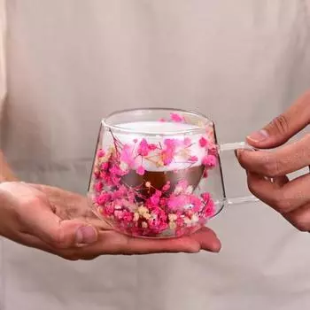 200 мл прозрачная стеклянная кружка с двойными стенками, изолированная чашка с ручкой, эстетичный обезвоженный цветочный дизайн, термосохраняющий стакан для кофе, чая 200ML розовый
