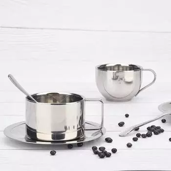 200 мл термостойкие кофейные чашки с двойными стенками в европейском стиле из нержавеющей стали с блюдцем и ложкой, аксессуары для кафе
