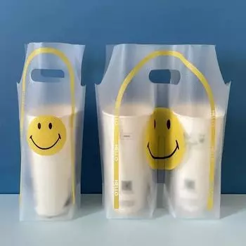 200 шт., мультяшная сумка на одну чашку, пакеты с двойной чашкой, упаковка для чая с молоком, сумка на вынос, тип ручки для напитков, пластиковая упаковка 1 cup 500ML
