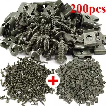200 шт., смешанный автомобильный мотоцикл, саморезы, крепежные винты U-образного типа, зажимы с винтами, антикоррозионная защита, зажим, пряжка, железный лист, оптовая продажа Screw+iron plate-10pcs