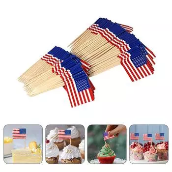 200 шт. Зубочистки для закуски Американский флаг Торт Фруктовые палочки Маленькие флажки Бумага Дерево Коктейльные зубочистки