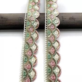 200 см/78,7 дюйма в каждой упаковке розово-зеленая кружевная отделка, вышивка лентами с блестками, ручная работа, сделай сам, тесьма для платья, аксессуары для шитья штор, декоративная ткань, ширина 4,0 см