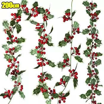 200 см рождественская искусственная лоза с ягодами падуба, гирлянда из зеленых листьев, рождественская елка, подвесное украшение из ротанга для дома, новогоднее украшение стола