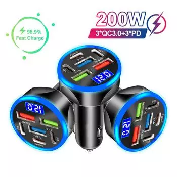200 Вт 6 портов автомобильное зарядное устройство быстрая зарядка PD QC3.0 USB C автомобильное зарядное устройство для телефона адаптер типа C в машину для iPhone Samsung Huawei Xiaomi чёрный
