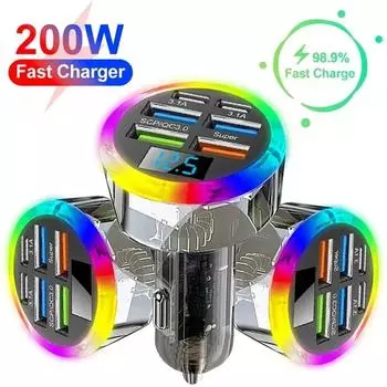 200 Вт 6 портов автомобильное зарядное устройство быстрая зарядка PD QC3.0 USB C автомобильное зарядное устройство для телефона адаптер типа C в машину для iPhone Samsung Huawei Xiaomi