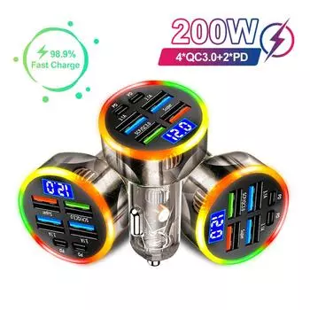 200 Вт 6 портов автомобильное зарядное устройство быстрая зарядка PD QC3.0 USB C автомобильное зарядное устройство для телефона адаптер типа C в машину для iPhone Samsung Huawei Xiaomi