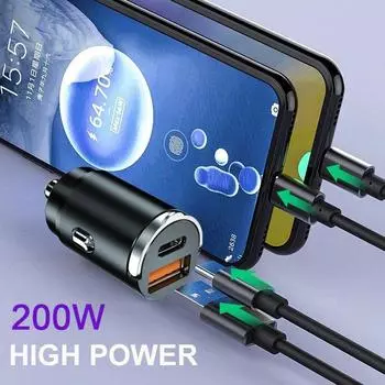 200 Вт Мини Автомобильное зарядное устройство Быстрая зарядка USB Type C Автомобильный адаптер прикуривателя Аксессуары 12-24 В PD AFC QC 4.0 Зарядное устройство для телефона