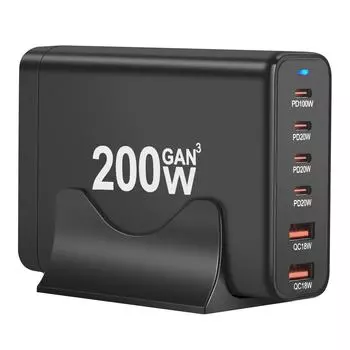 200 Вт многопортовое настольное зарядное устройство GaN PD, 4 порта USB-C и 2 порта USB-A 120W European standard 3C3A чёрный