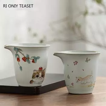 200ml Chinese Tradition Ru Kiln Fair Cup Cute Cat Pattern Ceramic Teacup Beauty Tea Infuser Master Handmade Tea Set Accessories 9.8x8.5cm 200ml