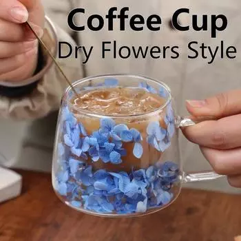 200ML Coffee Cup with Handle Double Wall Dry Flowers Style Transparent Glass Heat Insulation High Temperature Juice Milk Mug 200ml