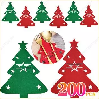200PCS Christmas Knife and Fork Holder Elk Xmas Tree Pocket Cutlery Bag Non-woven fabric Cookware Organizer Table Decor 4PCS